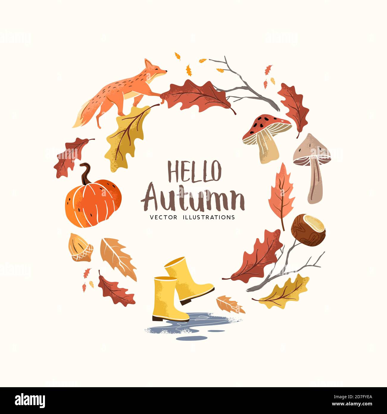 Hallo Herbst! Saisonale Herbstelemente mit Blättern, Nüssen und Pilzen. Thanksgiving und Ernte Vektor-Illustration Stock Vektor