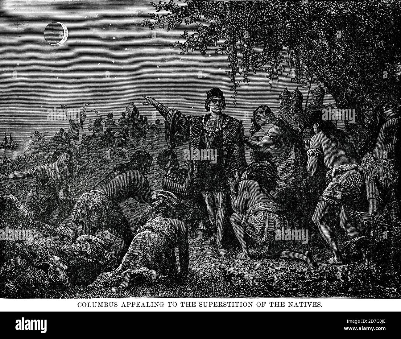 Kolumbus appelliert an den Aberglauben der Eingeborenen, Illustration, Ridpath's History of the World, Band III, von John Clark Ridpath, LL. D., Merrill & Baker Publishers, New York, 1897 Stockfoto