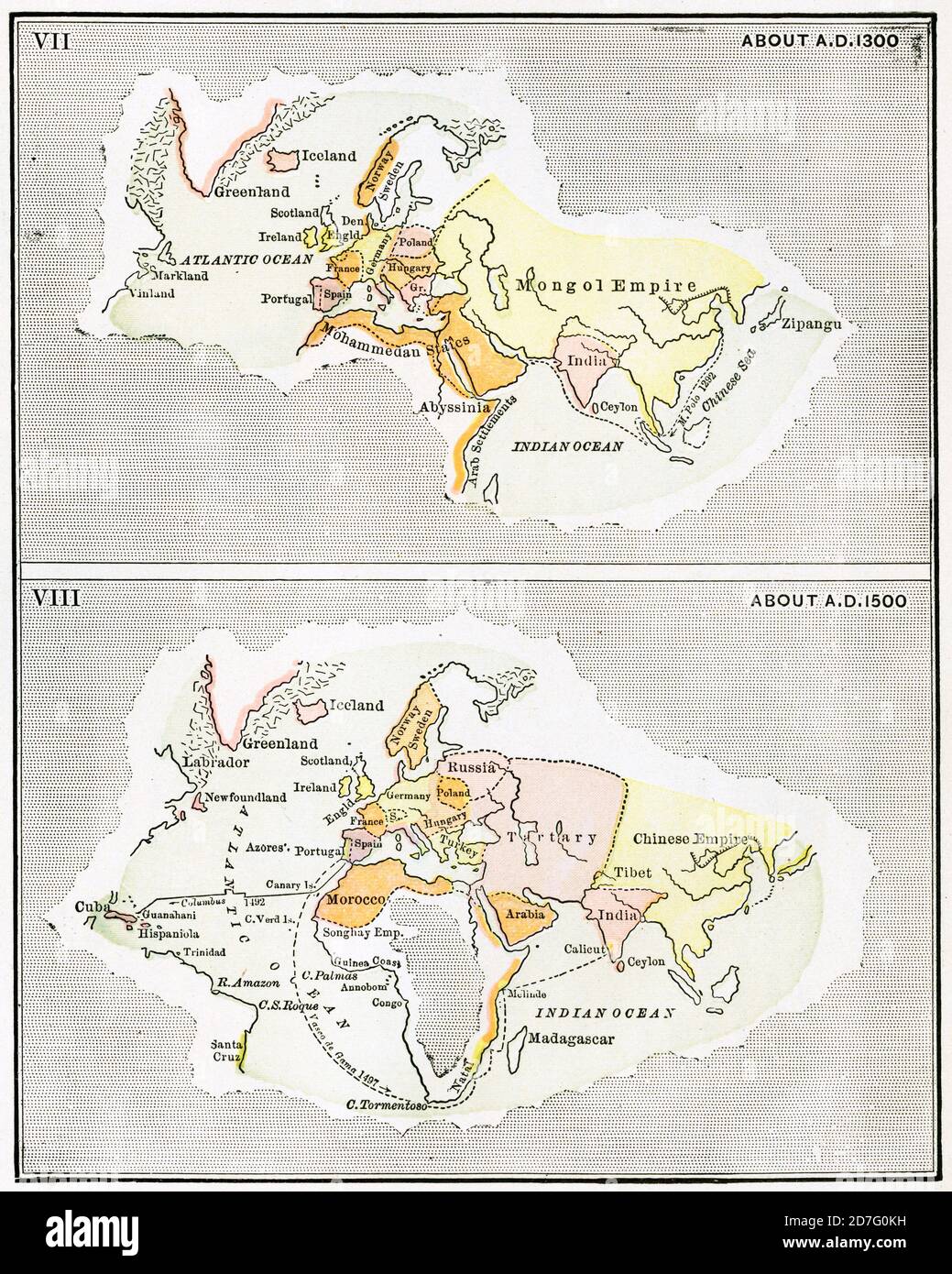 VII Karte von Europa, Afrika und Asien, um 1300 n.Chr., VIII Karte von Europa, Afrika und Asien, um 1350 n.Chr., Illustration, Ridpaths Weltgeschichte, Band III, von John Clark Ridpath, LL. D., Merrill & Baker Publishers, New York, 1897 Stockfoto