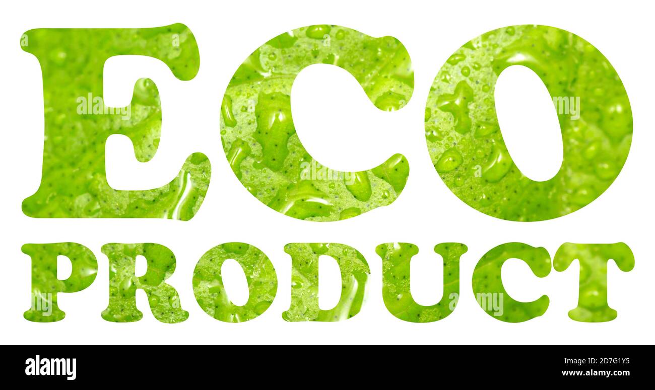 Text Eco Produkt aus frischen grünen Blättern Textur isoliert auf weiß. Stockfoto