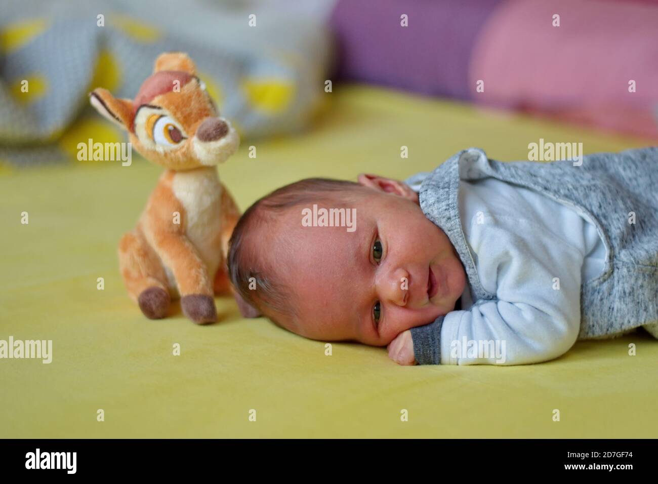 Nahaufnahme von niedlichen Neugeborenen Baby spielen mit Stofftier Stockfoto