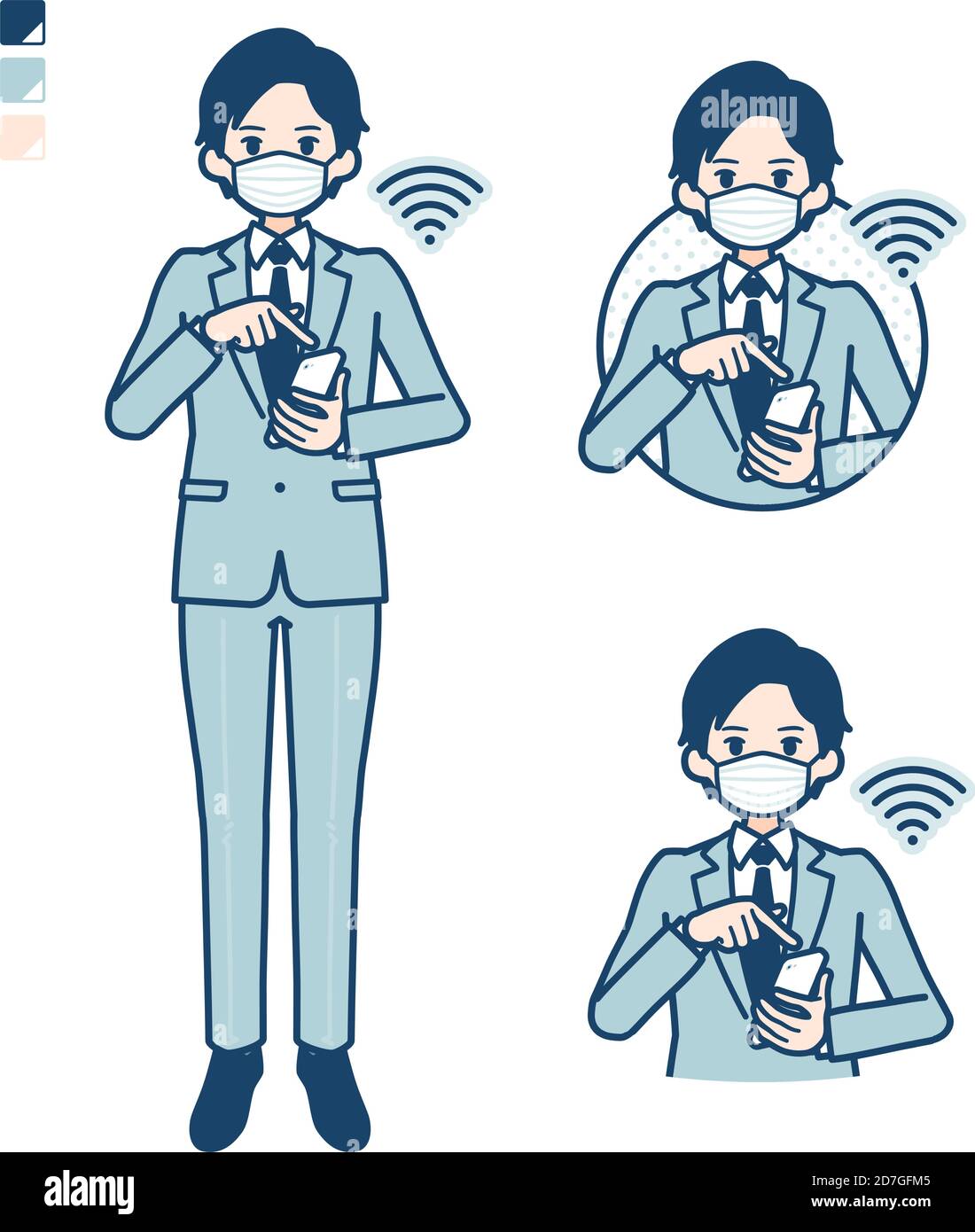 Ein junger Geschäftsmann trägt Maske mit bedienen Smartphone-Bilder. Es ist Vektorgrafik, so ist es einfach zu bearbeiten. Stock Vektor