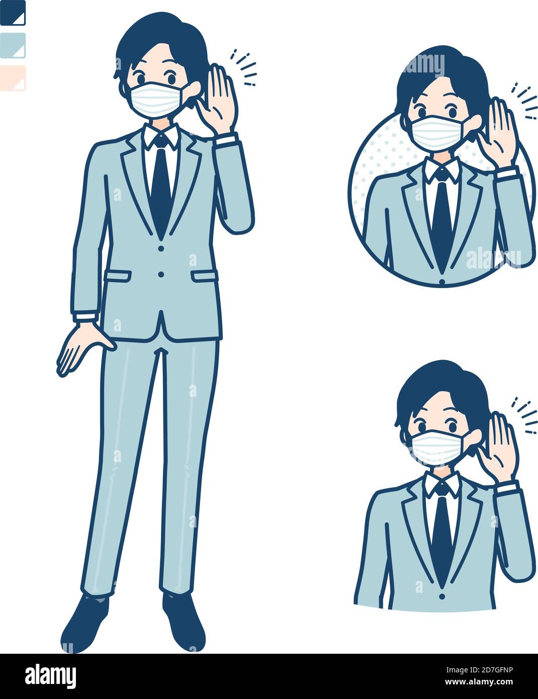 Ein junger Geschäftsmann trägt Maske mit Listening Bilder. Es ist Vektorgrafik, so ist es einfach zu bearbeiten. Stock Vektor
