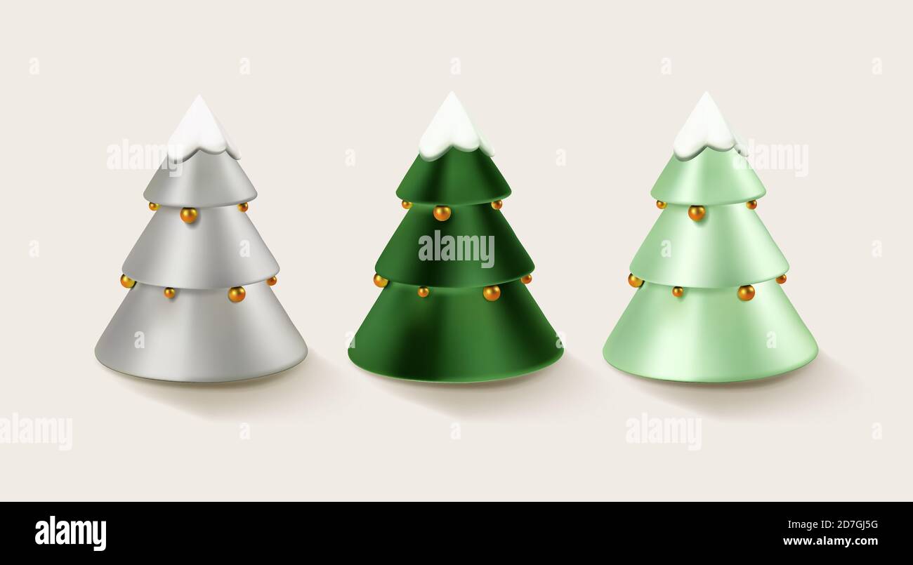 Realistische Weihnachtsbaum auf weißem Hintergrund isoliert gesetzt. Vektorgrafik EPS10. Silberner Weihnachtsbaum mit goldenen Kugeln auf weiß. Stock Vektor