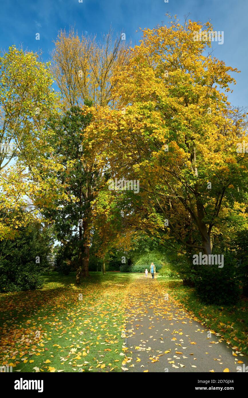 Eine Mutter und ein Kind sehen im Herbst wechselnde Farben im botanischen Garten, Universität von Cambridge, England. Stockfoto
