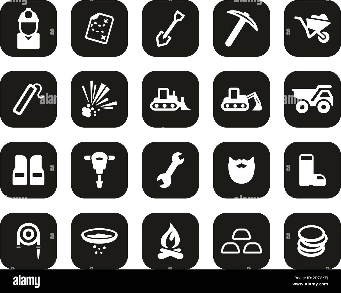 Gold Rush Oder Gold Mining Icons Weiß Auf Schwarz Flat Design Set Groß Stock Vektor