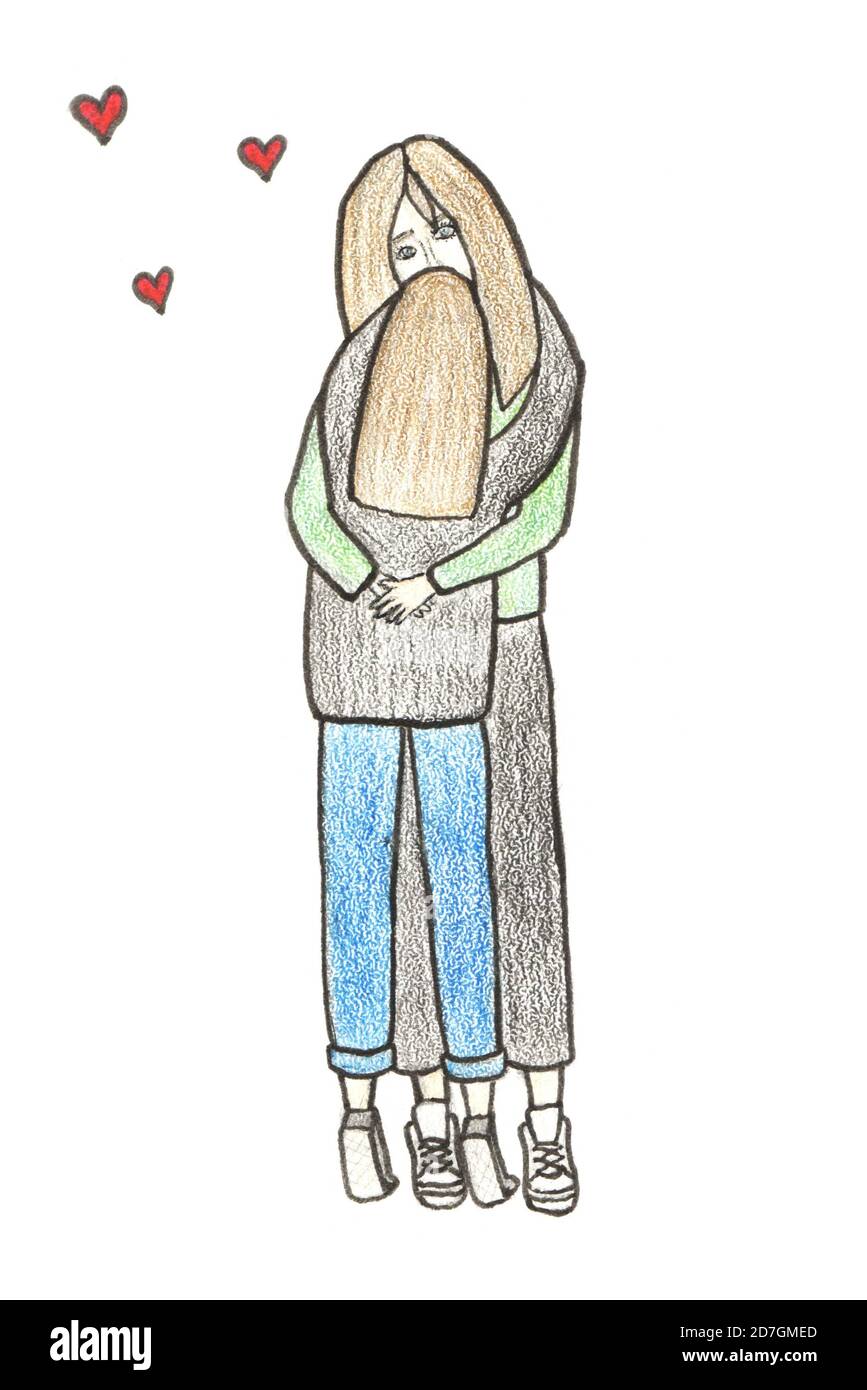 Zeichnen mit Buntstiften mit Kontur. Eine Frau mit langen Haaren umarmt  ihre Tochter mit Liebe und Zärtlichkeit. Familienglück-Konzept  Stockfotografie - Alamy