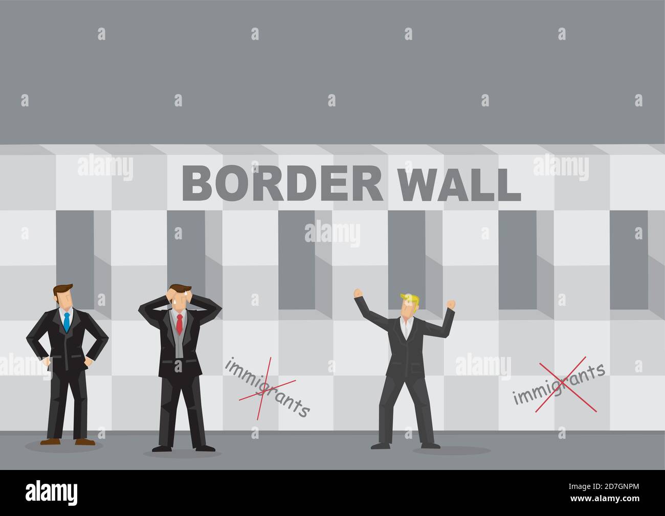 Enthusiastisch blonde Geschäftsmann vor der Barriere Struktur mit Titel Grenze Wand und Anti-Einwanderer-Symbole. Kreative Vektordarstellung Stock Vektor