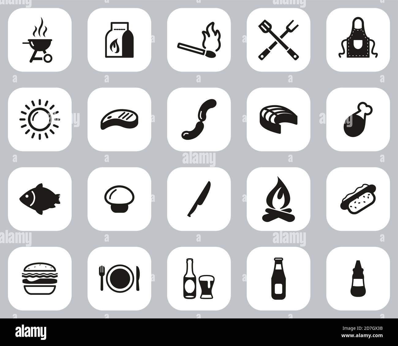 Grill Oder Grill Icons Black & White Flat Design Set Groß Stock Vektor