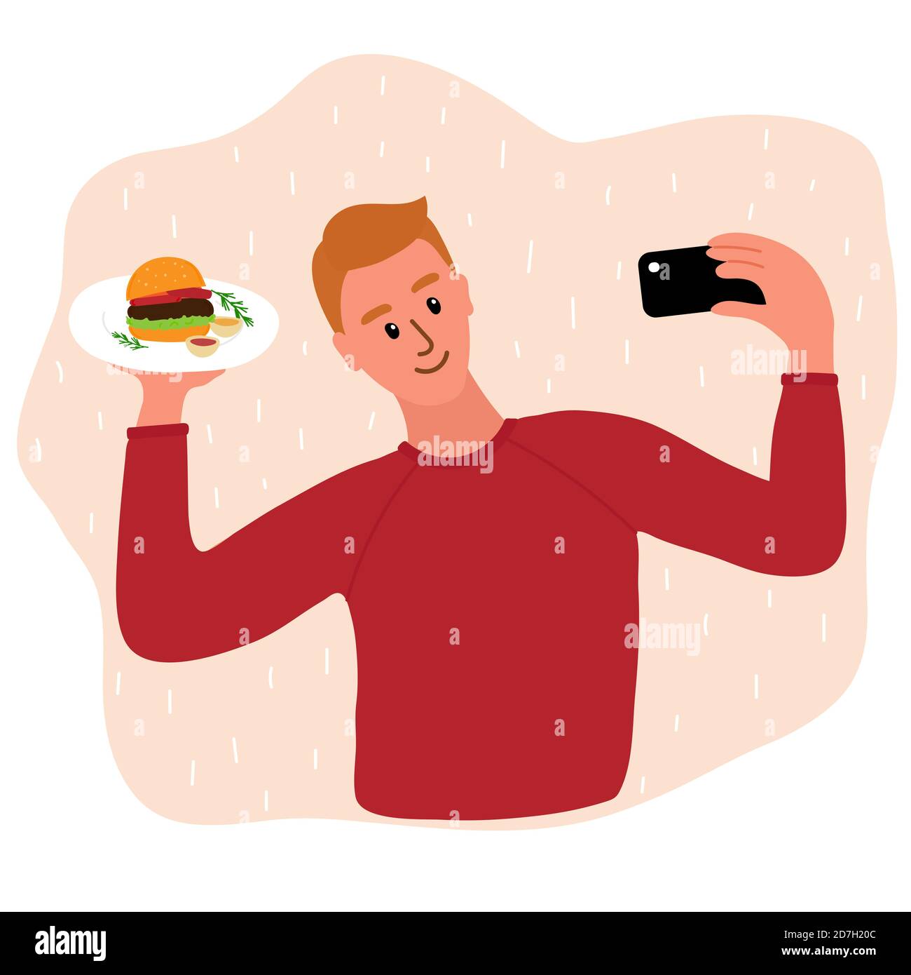 Kaukasischen Mann Lebensmittel Blogger machen Foto Selfie mit mit Hamburger und Senf und Ketchup Saucen und Rosmarin für Blog. Netter Junge mit Smartphone Stock Vektor