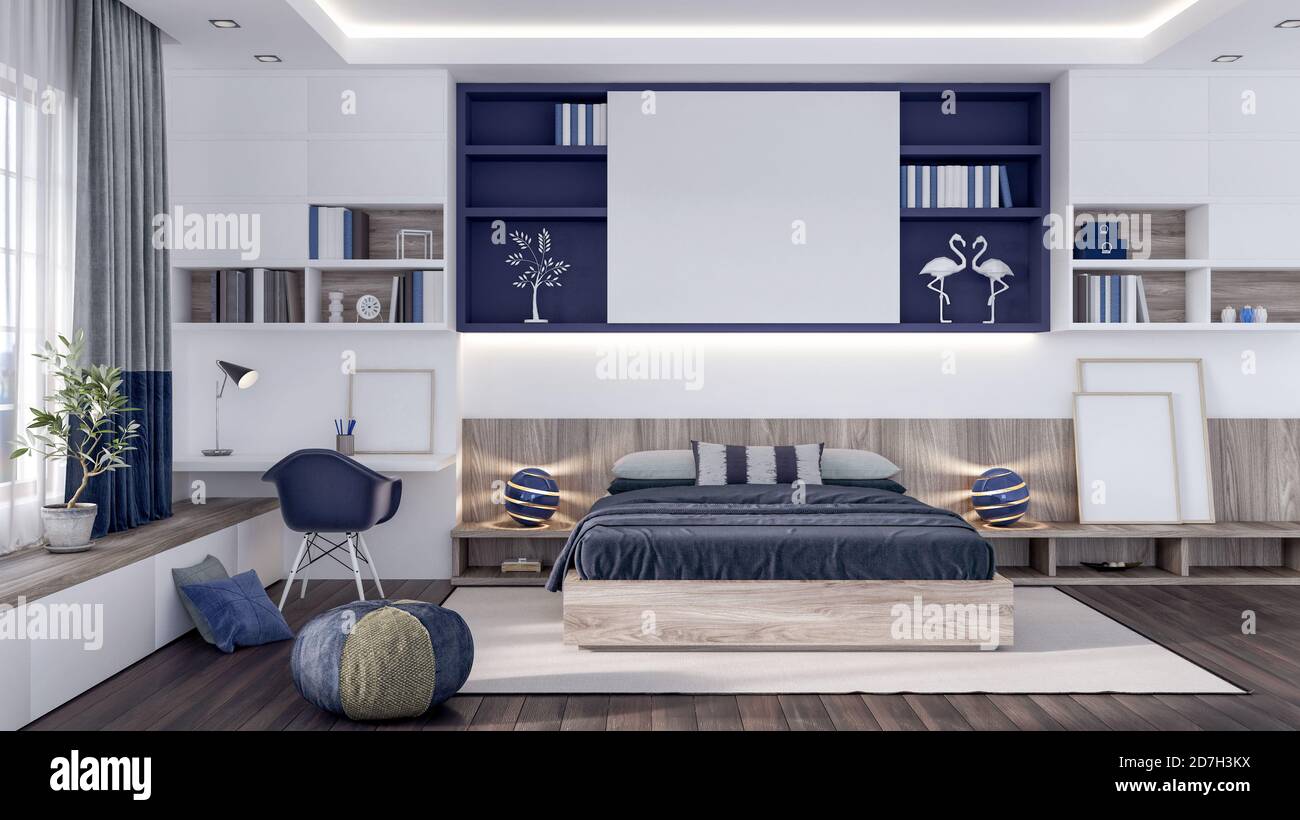 Moderne Schlafzimmer Innenarchitektur mit blauen Elementen 3d Render 3d Abbildung Stockfoto