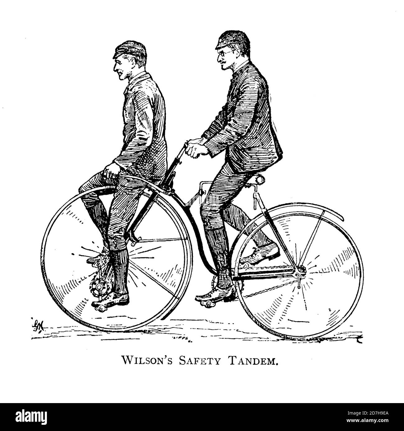 Zwei Männer fahren Wilson's Safety Tandem von Wheels and Wheeling; ein unverzichtbares Handbuch für Radfahrer, mit über zweihundert Illustrationen von Porter, L Stockfoto