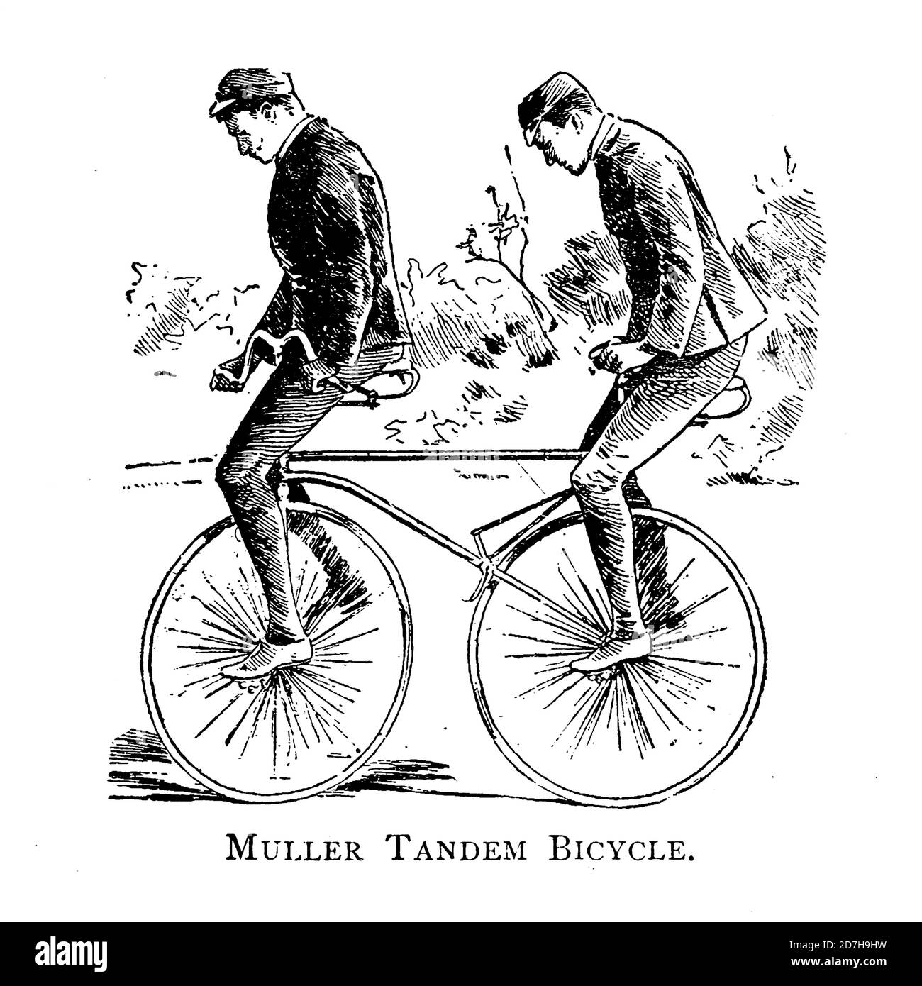 Zwei Männer versuchen, ein Muller Tandem Fahrrad von Wheels and Wheeling zu fahren; ein unverzichtbares Handbuch für Radfahrer, mit über zweihundert illustratio Stockfoto