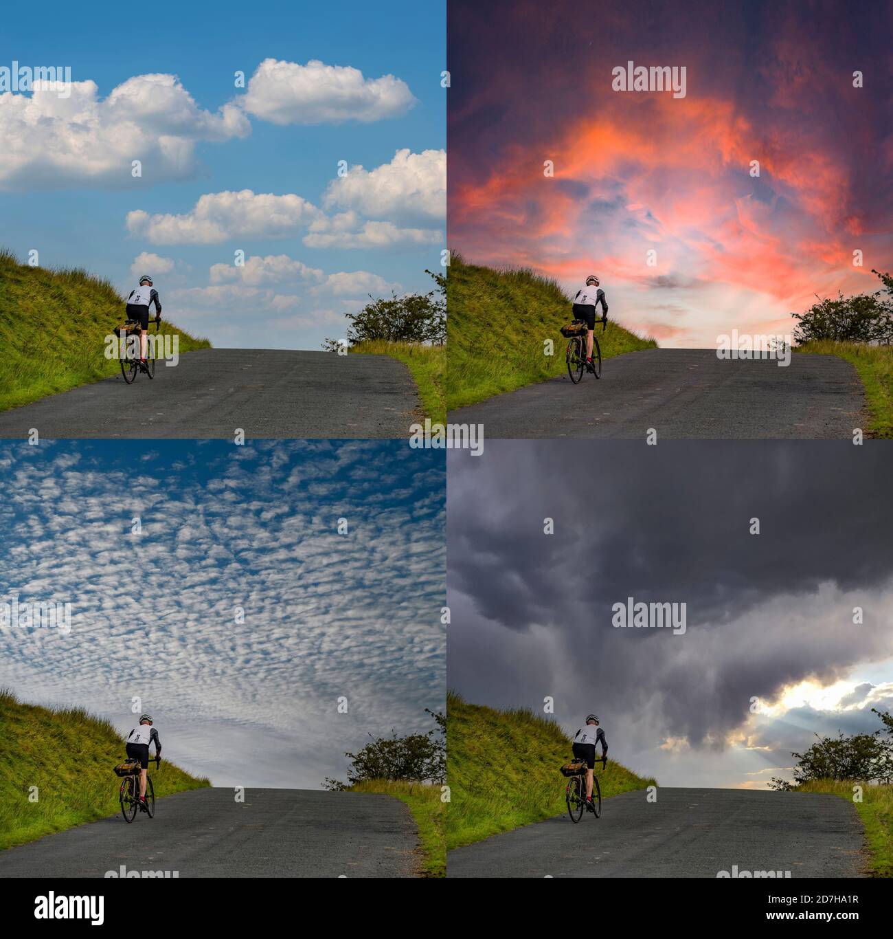 Adobe Photoshop Sky Ersatz auf Bild von Radfahrer auf einem Hügel fahren. Stockfoto