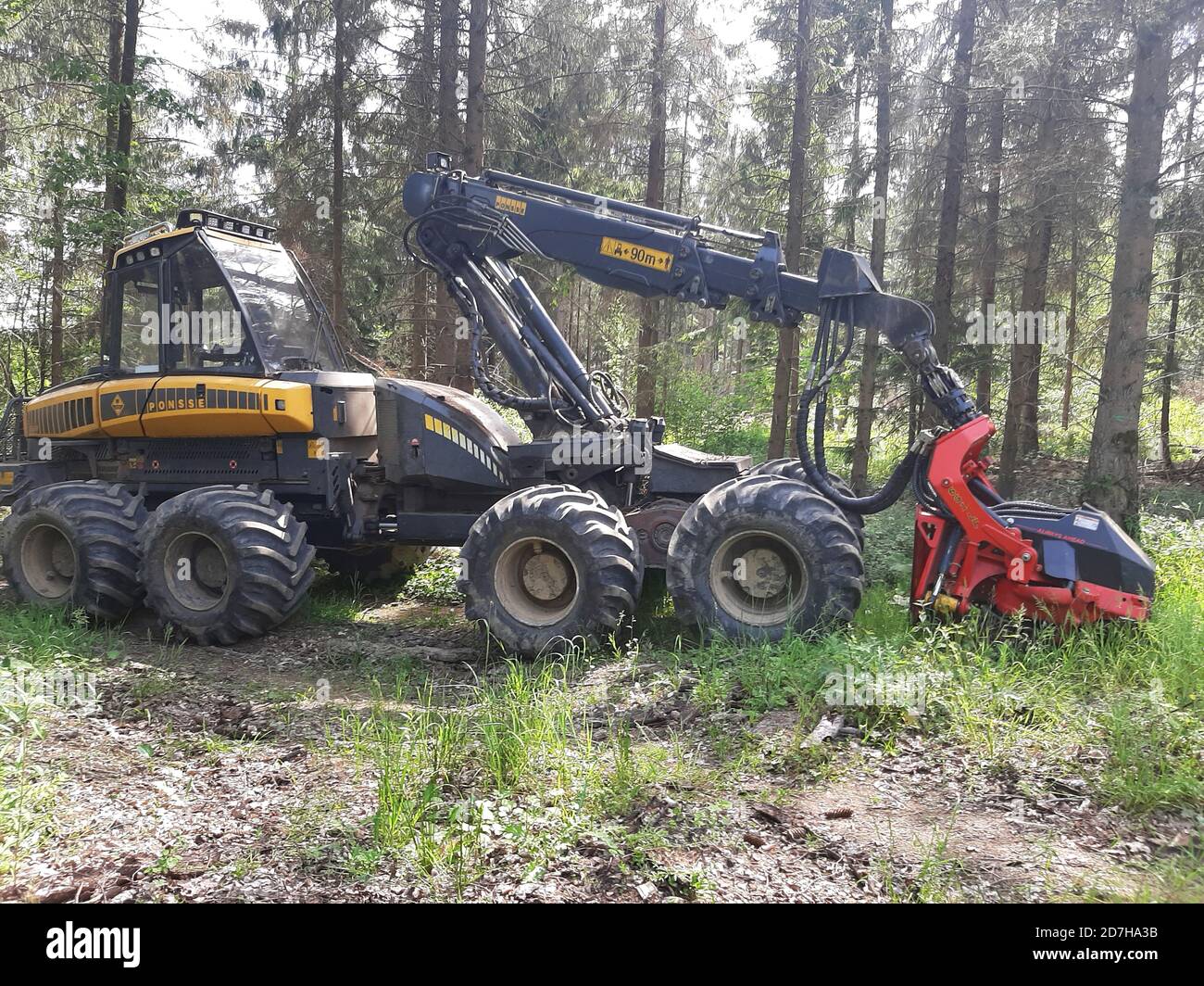 Harvester im Wald, Deutschland Stockfoto