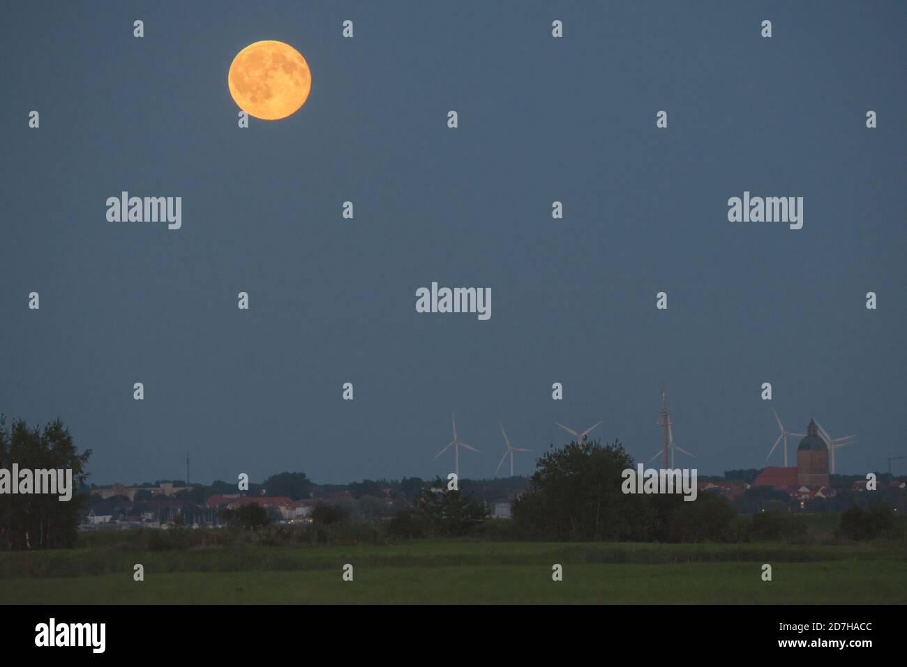 Abendstimmung mit Mond, Deutschland, Mecklenburg-Vorpommern, Ribnitz-Dammgarten Stockfoto