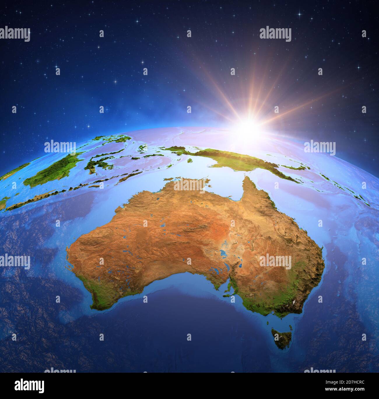 Oberfläche des Planeten Erde von einem Satelliten aus betrachtet, fokussiert auf Australien, Sonne geht am Horizont auf. Karte des australischen Kontinents. NASA-Elemente. Stockfoto