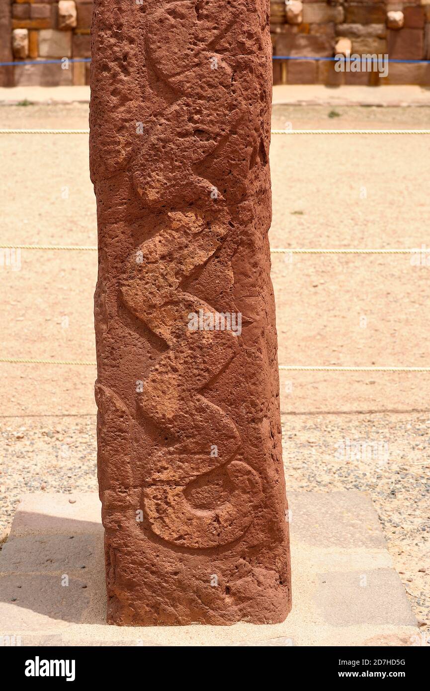 Geschnitzter Stein in Sem-unterirdischen Tempel, Tiwanaku, Bolivien Stockfoto