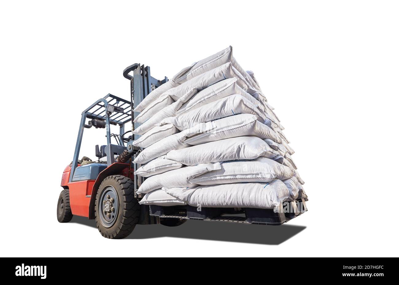 Gabelstapler hob weiße Beutel auf weißem isolierten Hintergrund Stockfoto