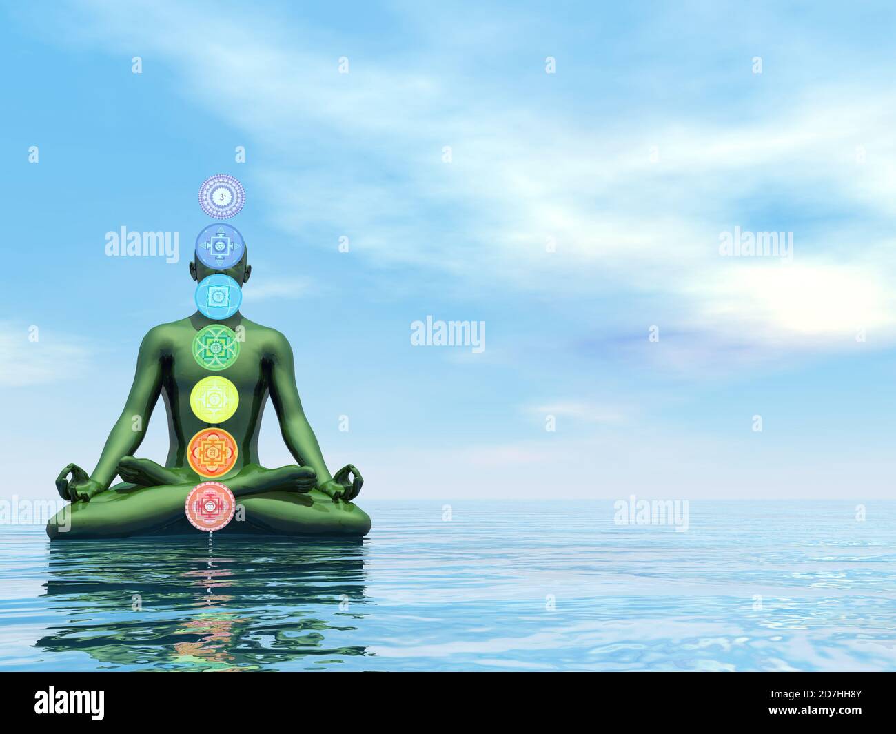 Mann meditiert über den Ozean und Chakra Farben - 3D Rendern Stockfoto