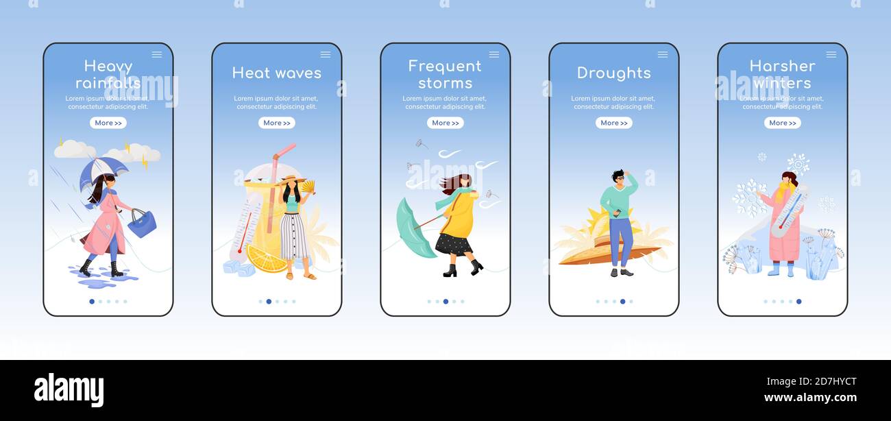 Wettervorhersage Onboarding mobile App Bildschirm flache Vektor-Vorlage Stock Vektor