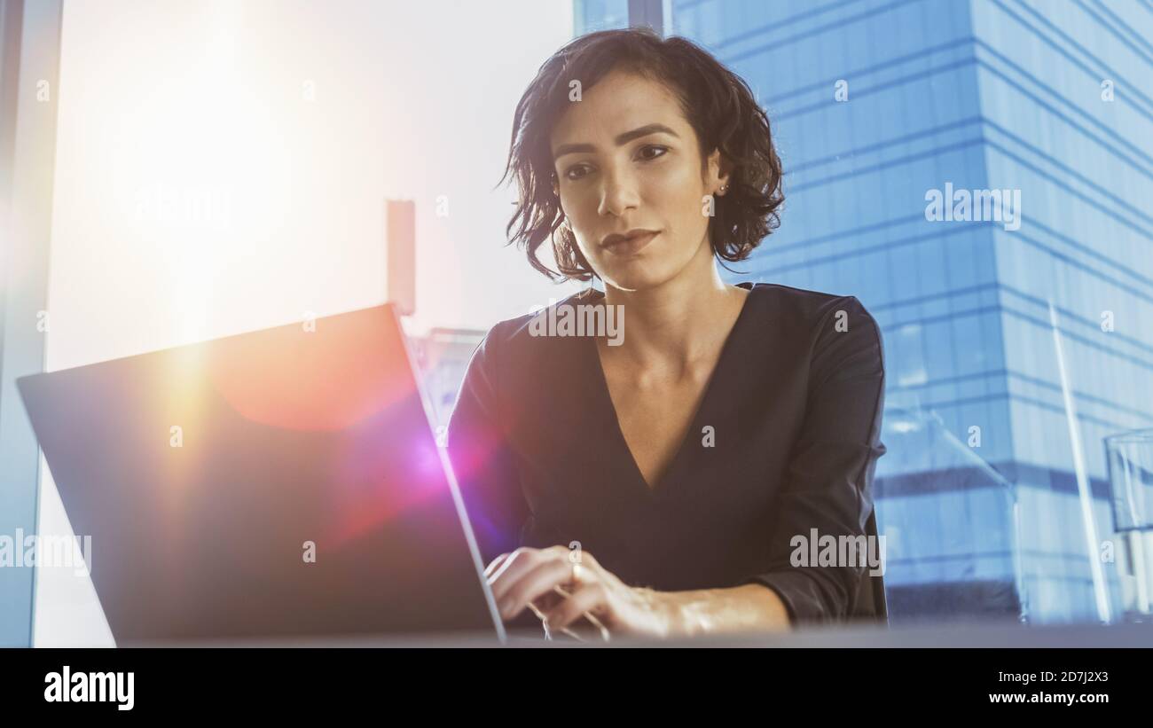 Low-Angle-Porträt der schönen erfolgreichen weiblichen Executive arbeiten auf einem Laptop in ihrem modernen Sunny Office. Starke Weibliche Geschäftsführerin. Stockfoto