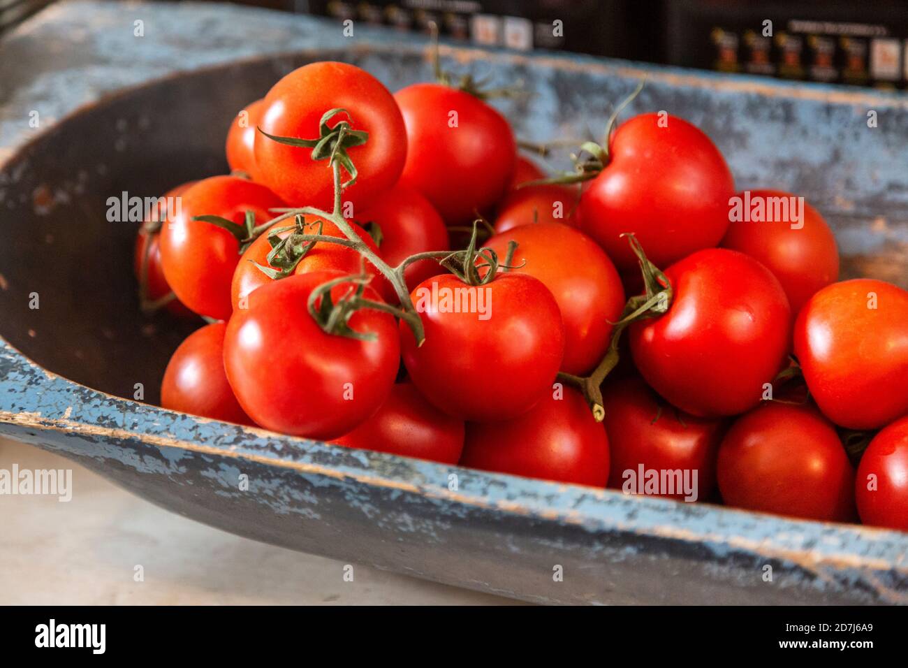 Frisch gepflückte Tomaten in einer bemalten Holzschüssel Stockfoto