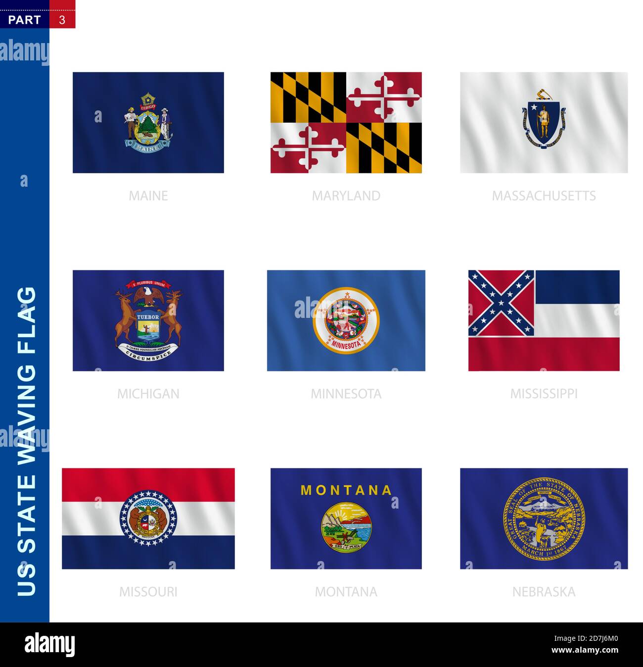 US-Staaten winken Flagge Sammlung im offiziellen Verhältnis, 9 Vektor-Flaggen: Maine, Maryland, Massachusetts, Michigan, Minnesota, Mississippi, Missouri, M Stock Vektor