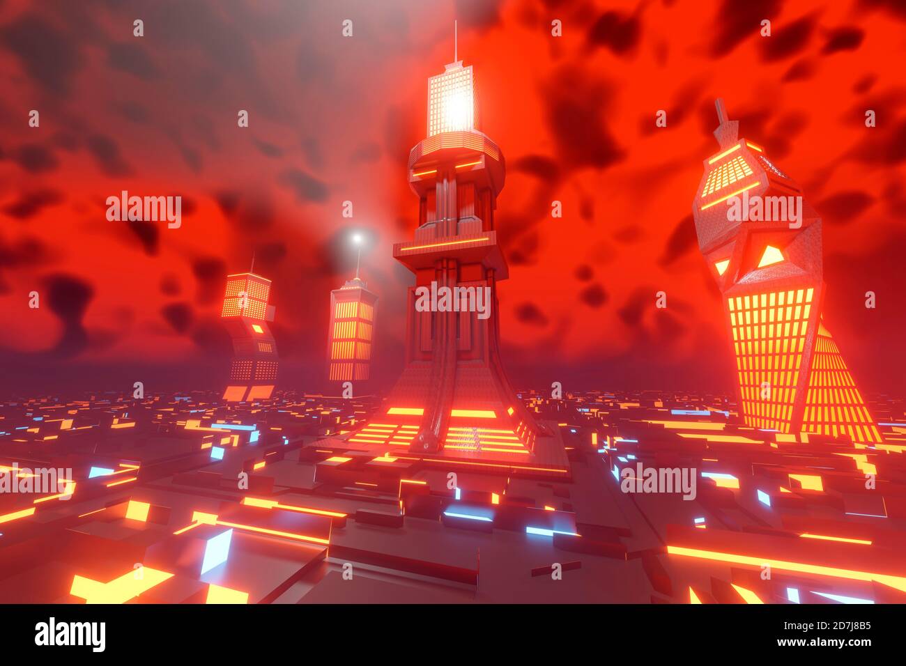 3D gerendert Illustration Visualisierung von Retro-Computerspiel Science Fiction Stadt Stockfoto