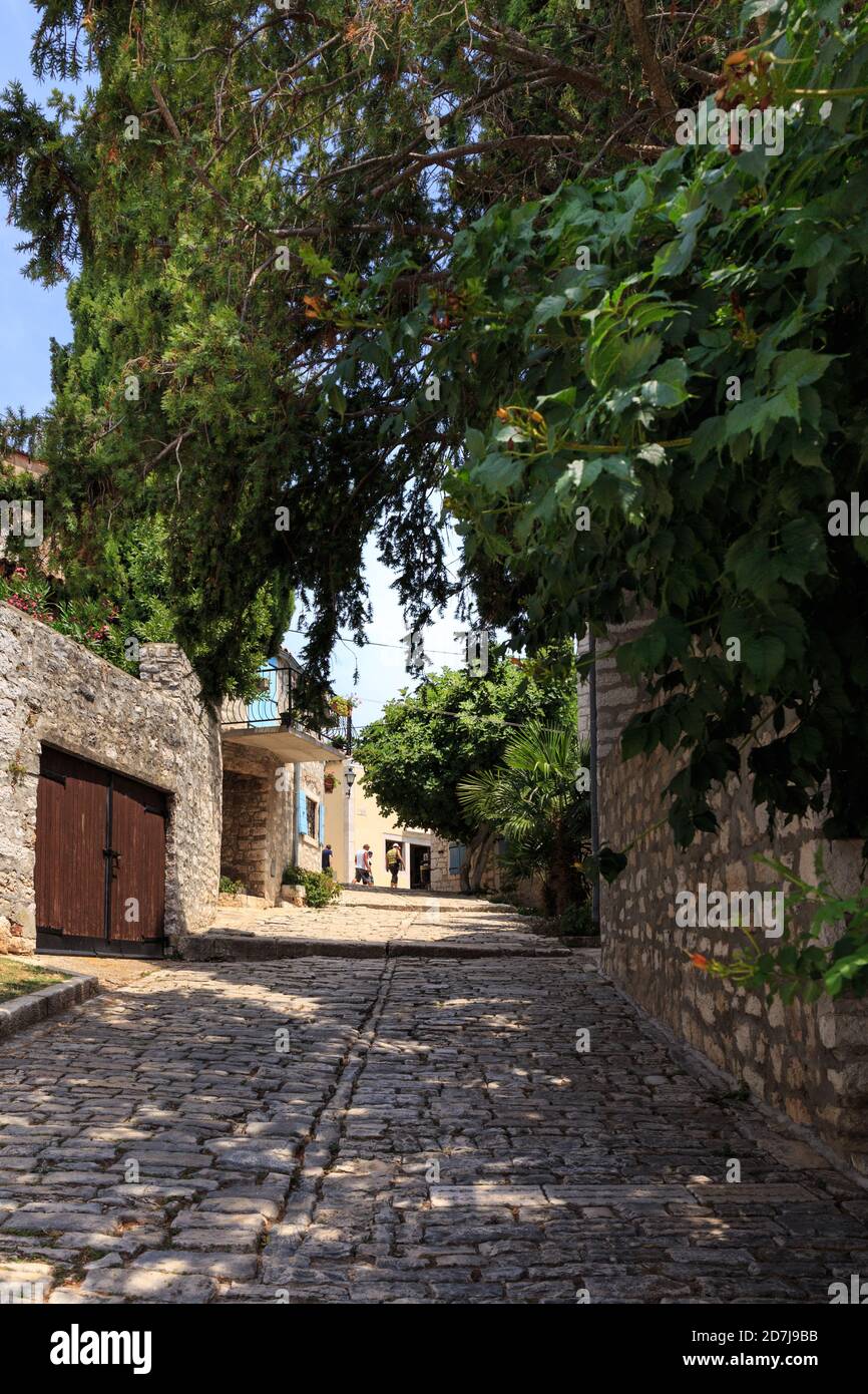 Gepflasterte Straße auf Rovinj Altstadt, Kroatien Stockfoto