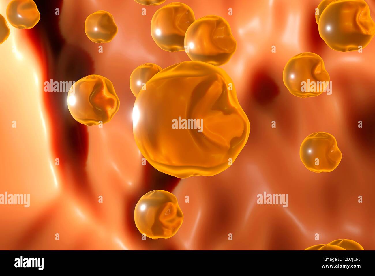 Dreidimensionale Darstellung von Cholesterinmolekülen, die im menschlichen Körper schwimmen Stockfoto