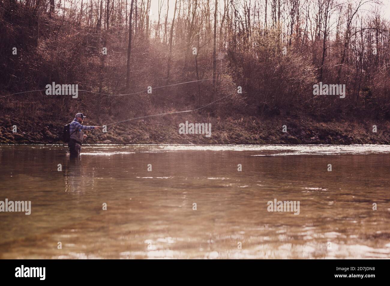 Fliegenfischer werfen Angelrolle im Fluss während des Sonnenuntergangs Stockfoto