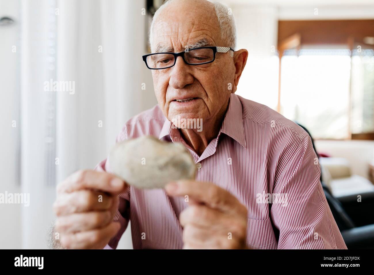 Rentner Senior männlich Blick auf Fossil Stockfoto