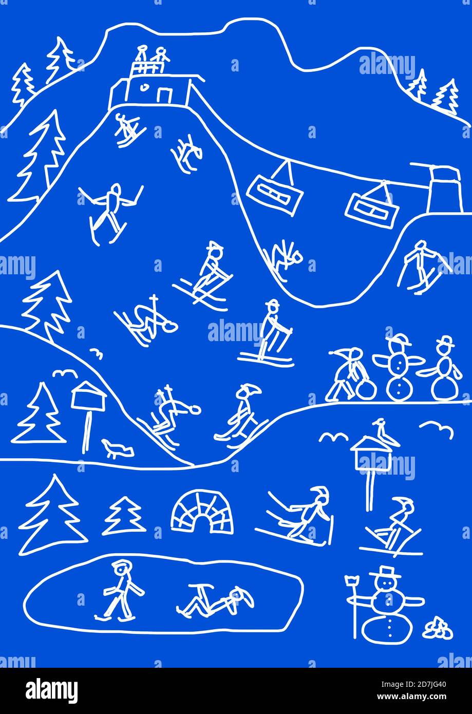 Kinderzeichnung von mehreren Winterurlaub Aktivitäten Stockfoto