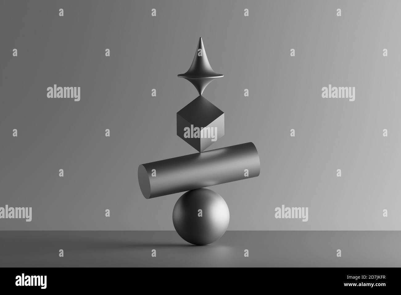 Dreidimensionales Rendering von metallischen Deckspinnung auf geometrischem Würfel, Zylinder und Kugel Stockfoto