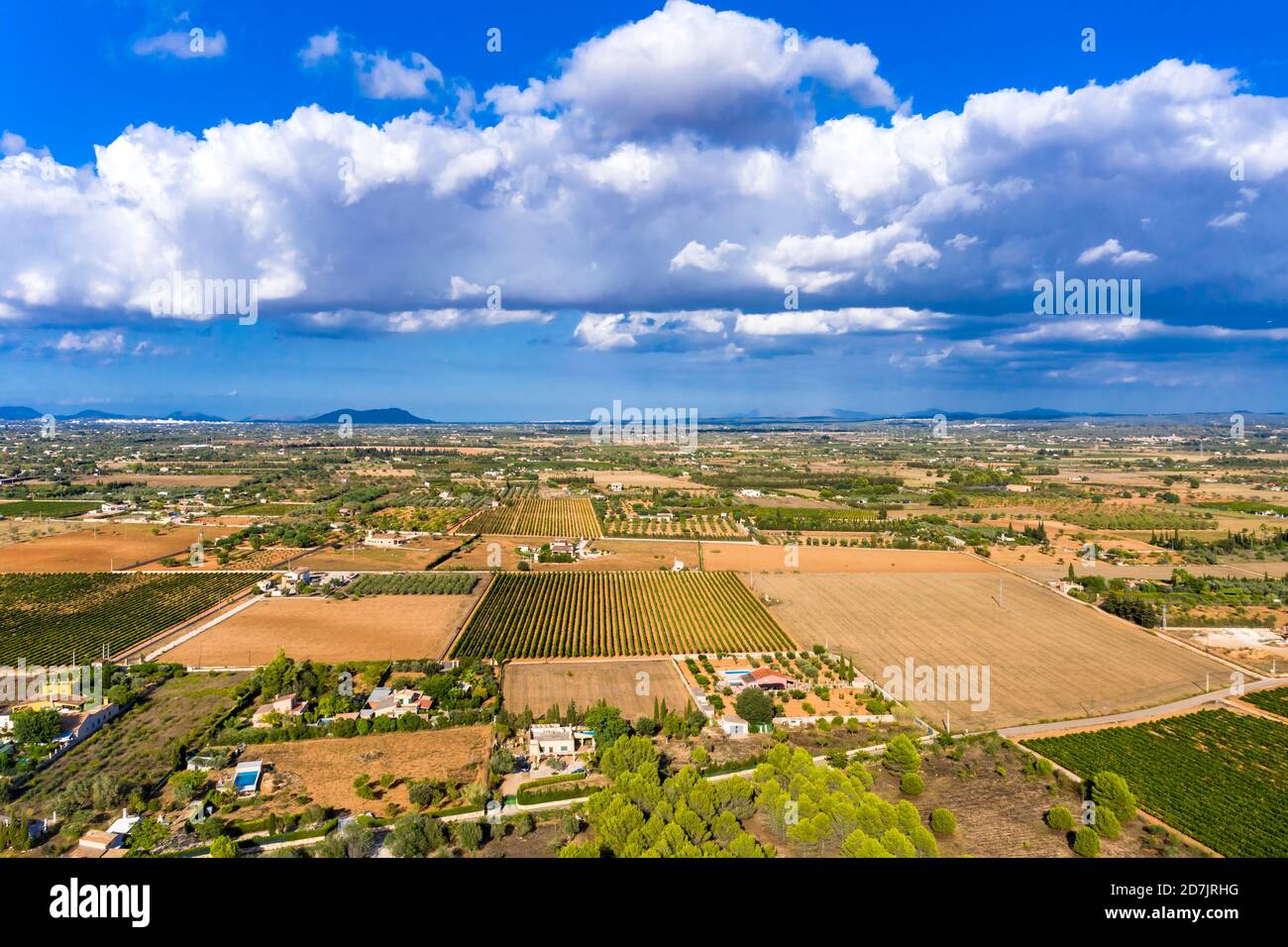 Luftaufnahme von landwirtschaftlichen Feldern gegen bewölkten Himmel an sonnigen Tagen, Mallorca, Spanien Stockfoto