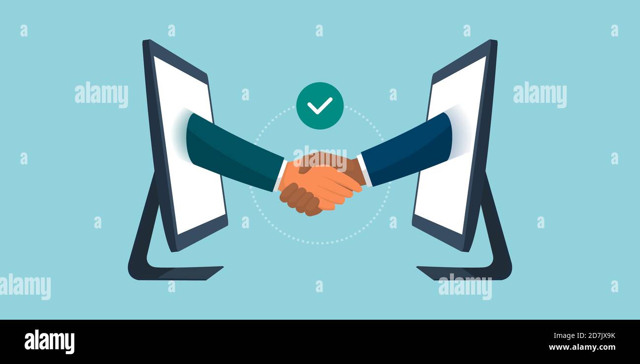 Geschäftsleute geben einen virtuellen Handshake, Geschäftsvereinbarung und Remote-Working-Konzept Stock Vektor