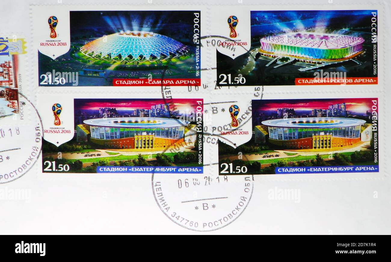 MOSKAU, RUSSLAND - 11. MÄRZ 2020: Briefmarken gedruckt in Russland mit Marke von Tselina Shows, FIFA Fußball-Weltmeisterschaft FIFA 2018 in Russland. Stadien Serie, CI Stockfoto