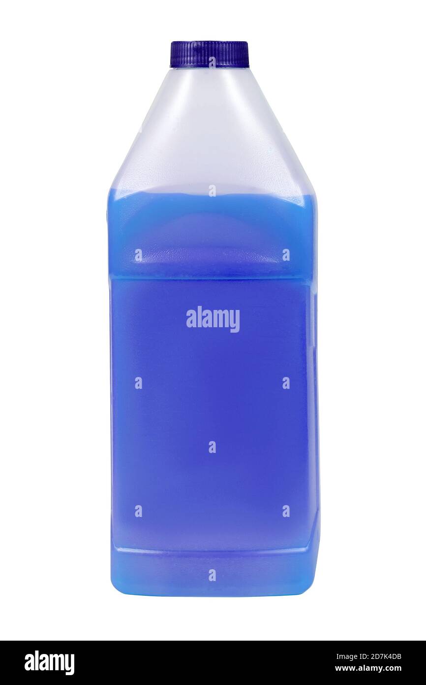Blaues Frostschutzmittel in einem 1-Liter-Kanister. Reinigungsflüssigkeit, die nicht gefriert. Es gibt Plätze für ein Label. Frontalansicht. Stockfoto