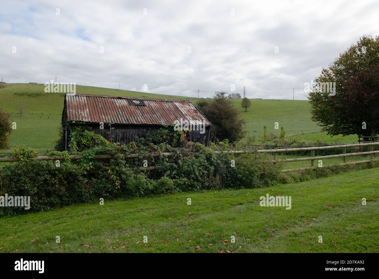 Ein Blechschuppen am Rande von Castle Cary, Somerset mit Lodge Hill im Hintergrund. Stockfoto