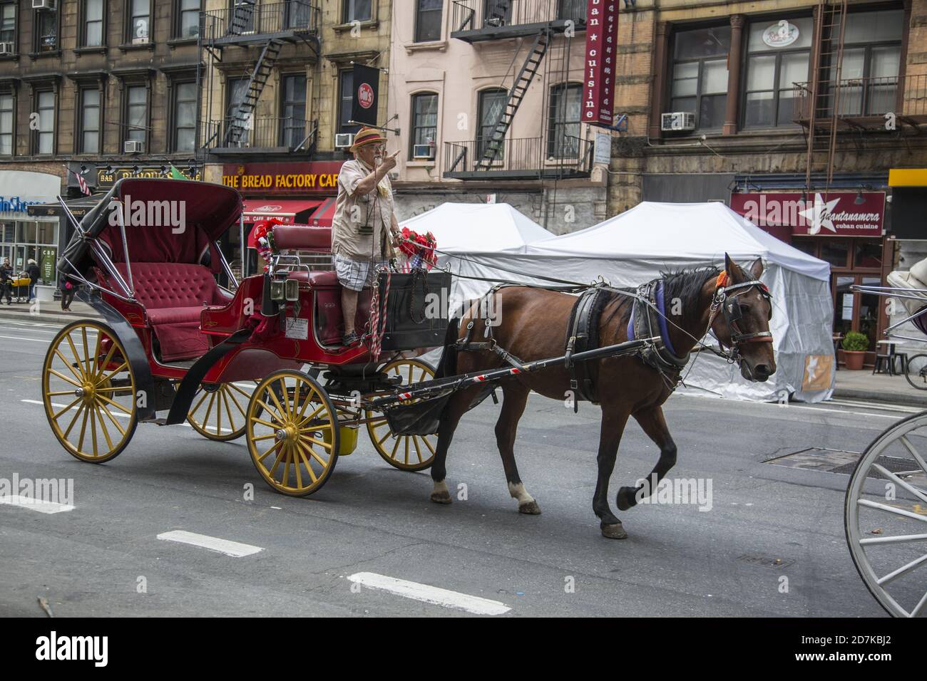 Pferde- und Buggyfahrten sind zurück im Central Park während der Coronavirus-Pandemie in New York City. Buggy-Fahrer auf der 8th Avenue in Richtung Central Park. Stockfoto