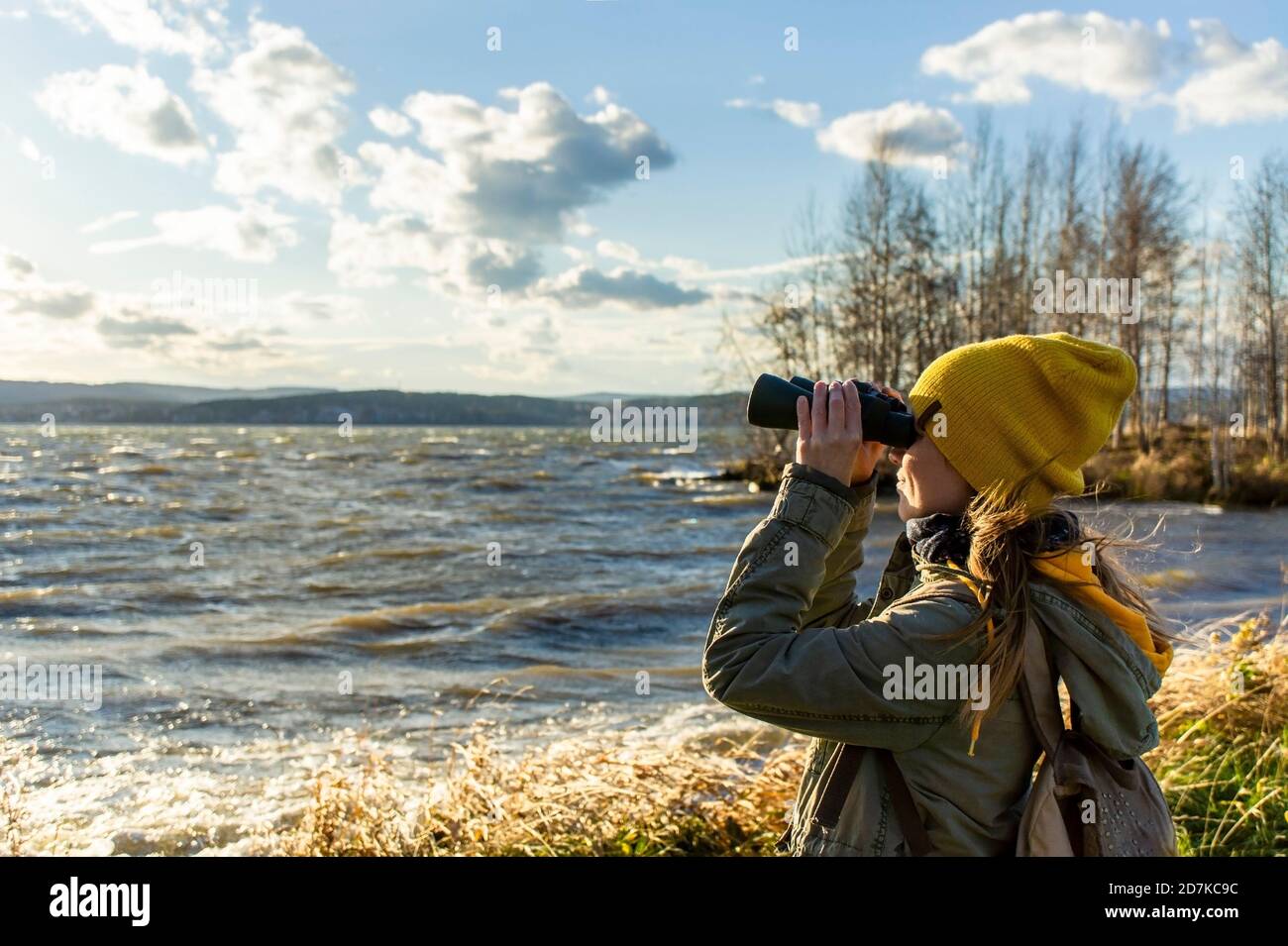 Junge Frau schaut durch ein Fernglas auf Vögel auf dem See. Vogelbeobachtung, Zoologie, Ökologie. Forschung, Beobachtung von Tieren. Ornithologie Stockfoto