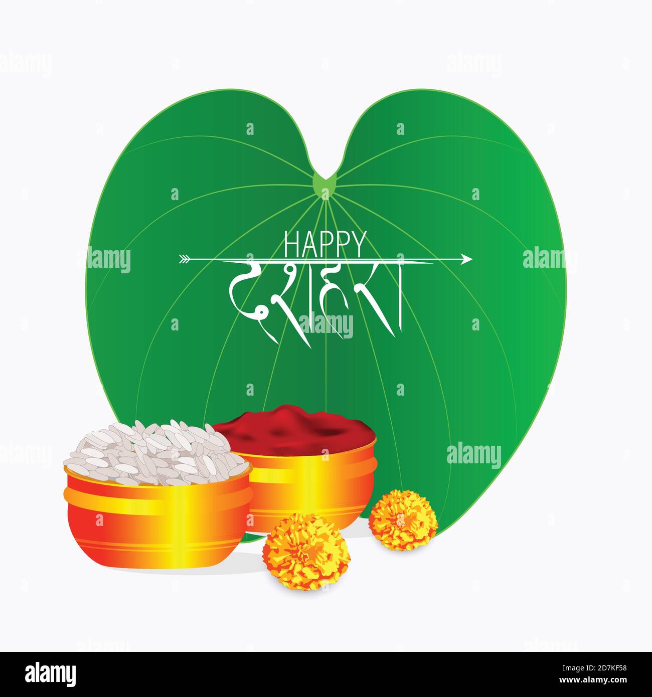 Happy Dussehra Grußkarte, grünes Blatt Bauhinia racemosa und Reis, Indian Festival dussehra. Grußkarte mit Bogen und Köcher für Navratri Festival Stock Vektor