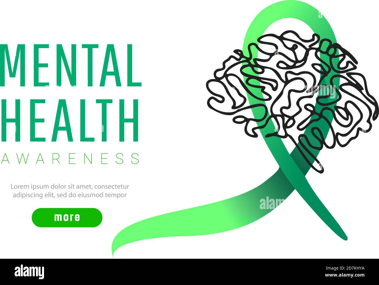 Welttag der psychischen Gesundheit Konzept. Grünes Bewusstsein Band mit Linie Gehirn Symbol oder Form auf weißem Hintergrund Stock Vektor