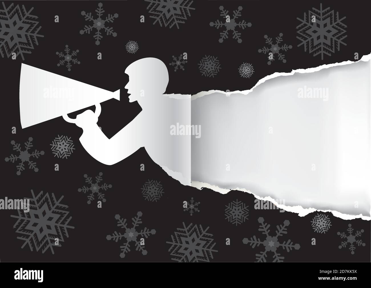Origineller Weihnachtsgeschenk Anhänger. Mann wirbt oder verkauft schreit in einem Megaphon auf dem schwarzen Papier weihnachten Hintergrund mit Platz für Ihren Text oder Bild. Stock Vektor