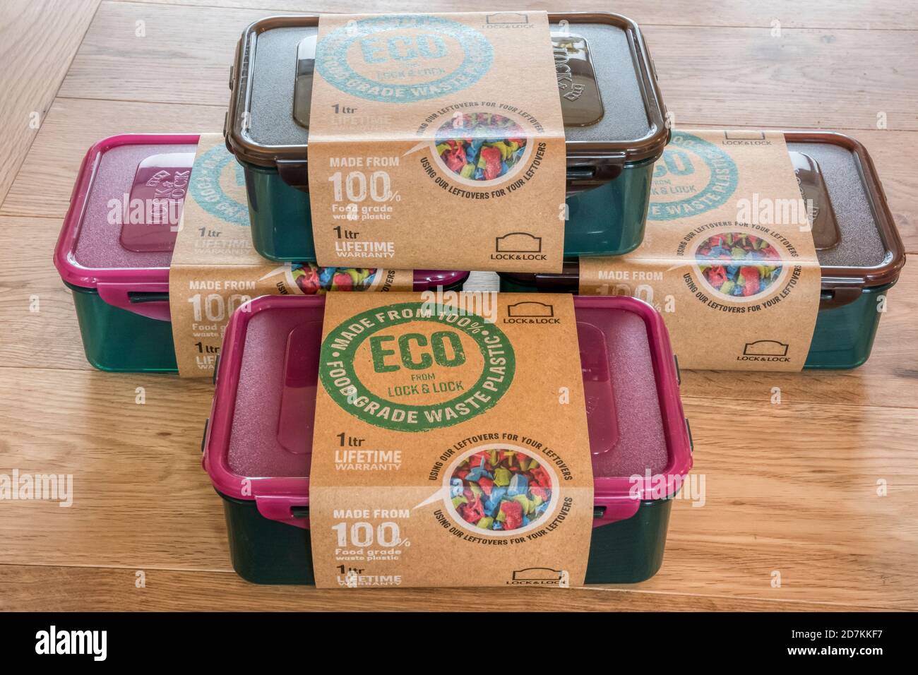 Lock & Lock Eco Lebensmittelbehälter aus recyceltem Kunststoff, hergestellt aus 100 % lebensmitteltaugischem Altkunststoff. Stockfoto