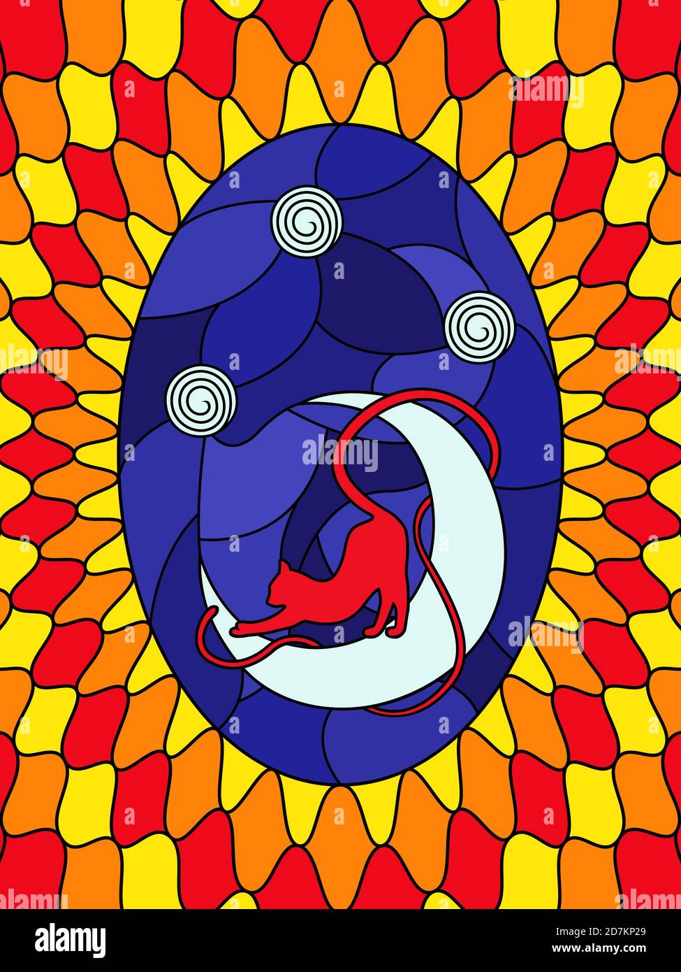 Bunte Glasmalerei mit Silhouette von niedlichen Cartoon-Katze auf dem Mond, Dekoration auf Glas für Kinder Stock Vektor