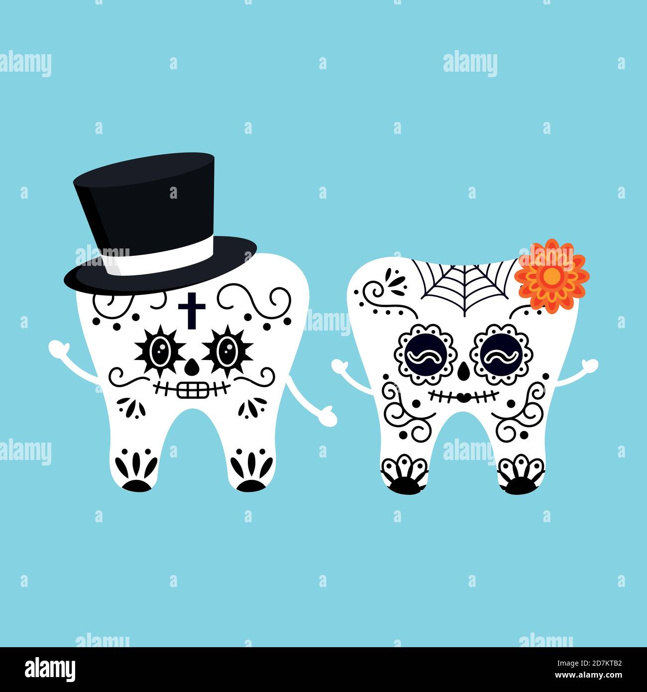 Niedliche Zahn mit mexikanischen Tag der Toten Schädel Make-up Kostüm isoliert Vektor-Symbol-Set. Stock Vektor