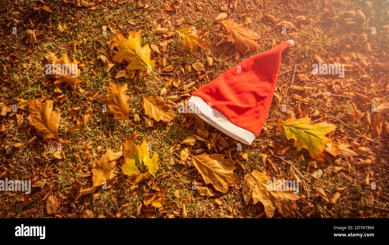 Weihnachten und Winter kommen bald. Ein konzeptuelles Hintergrundfoto des Weihnachtsmann-Hutes auf gelben Blättern im Herbst. Letzter Tag des Herbst- und Winterurlaubs Stockfoto