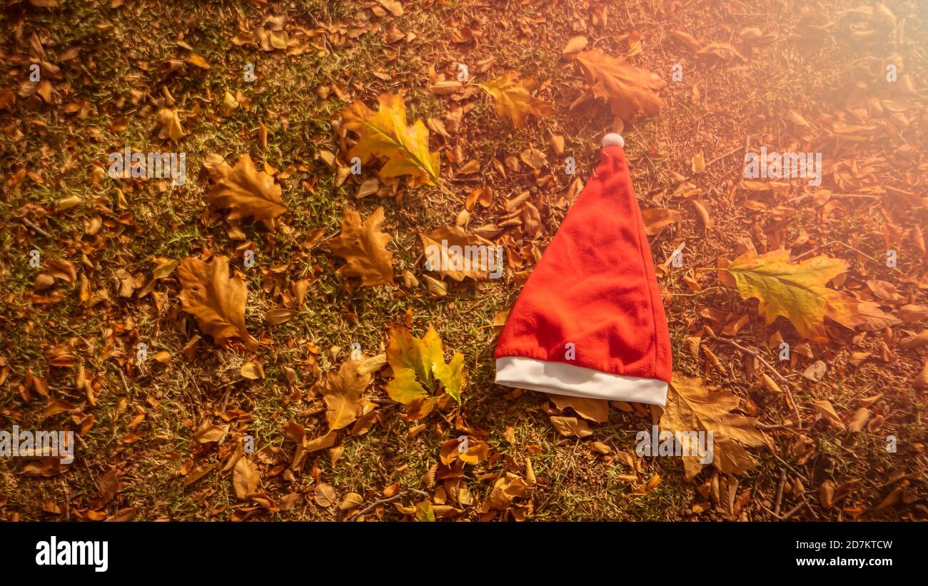 Weihnachten und Winter kommen bald. Ein konzeptuelles Hintergrundfoto des Weihnachtsmann-Hutes auf gelben Blättern im Herbst. Letzter Tag des Herbst- und Winterurlaubs Stockfoto